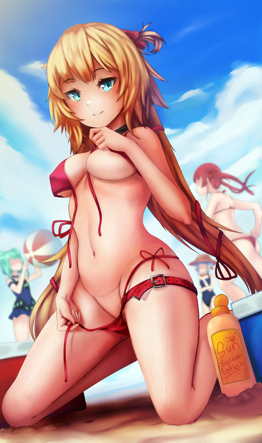 4girls absurdres akai_haato ass ball beach beachball bikini blonde_hair blue_eyes blue_sky blurry breasts cloud depth_of_field front-tie_bikini front-tie_top hair_ornament heart heart_hair_ornament highres hololive hololive_fantasy hololive_gen_1 hololive_japan horizon houshou_marine kneeling large_breasts leg_strap long_hair lotion_bottle multiple_girls neroshi one-piece_swimsuit one_side_up red_bikini sand side-tie_bikini sky smile string_bikini swimsuit untied untied_bikini uruha_rushia usada_pekora very_long_hair virtual_youtuber