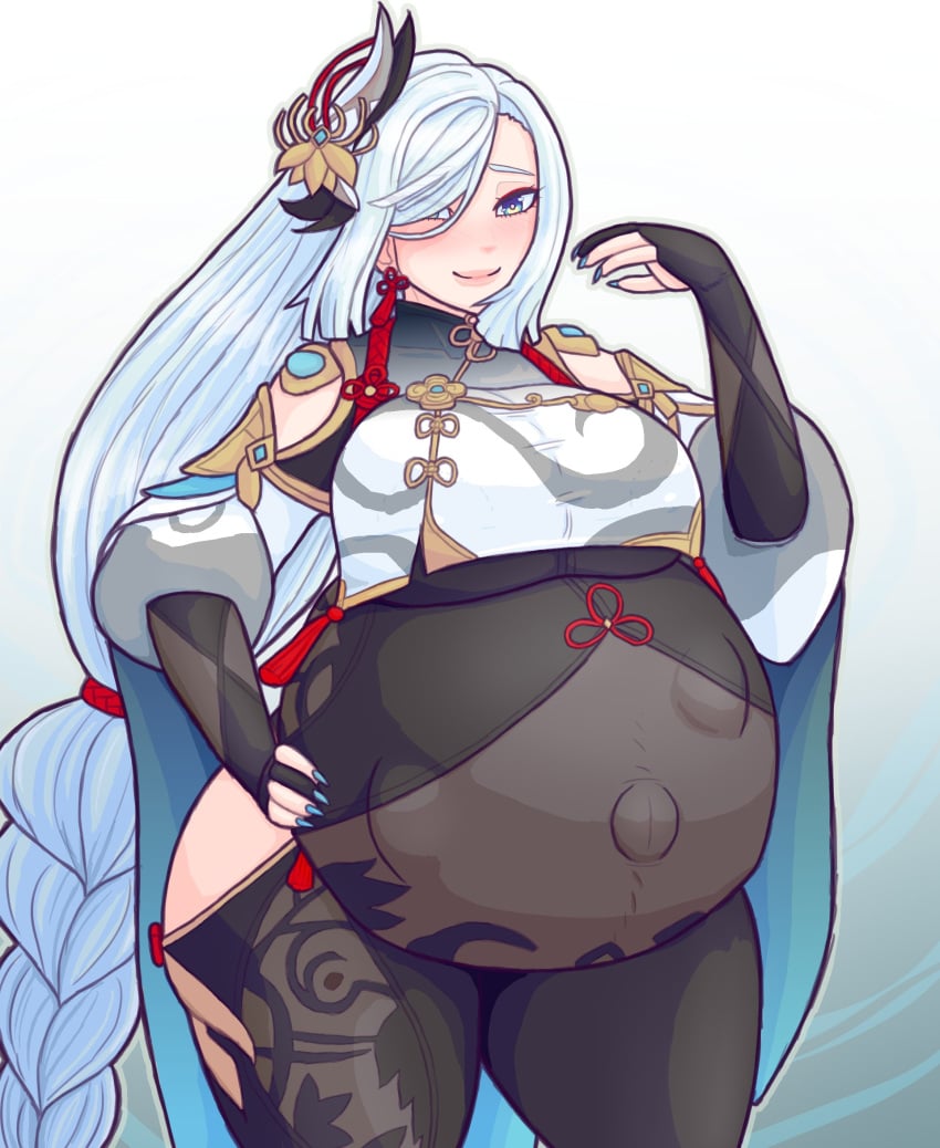 1girls big_belly blush bodysuit braided_hair fetal_movement genshin_impact hand_on_hip large_breasts long_hair painted_nails plump pregnant pregnant_belly pregnant_female shenhe_(genshin_impact) silver_eyes silver_hair simple_background solo thick_thighs valenforge