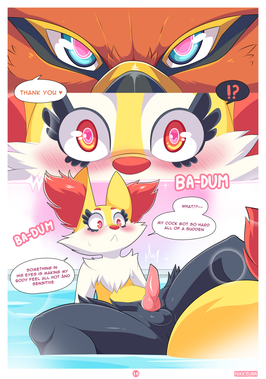 <3_eyes absurd_res anthro ari_the_talonflame aroused avian balls bath bathing bedroom_eyes bird blush braixen canid canine chest_tuft comic dialogue duo ear_tuft ellie_the_braixen english_text erection fluffy fluffy_tail fox genitals girly heart heartbeat hi_res horny_(disambiguation) knot looking_at_another male male/male mammal narrowed_eyes nikkibunn nintendo penis pokémon_(species) pokemon pokemon_(species) seductive spread_legs spreading talonflame text tuft video_games water