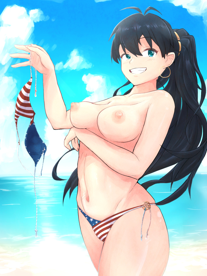 1girls bikini blush earrings ganaha_hibiki grin hibiki_ganaha hoop_earrings idolmaster idolmaster_(classic) long_hair mine_yamato ponytail solo the_idolm@ster topless