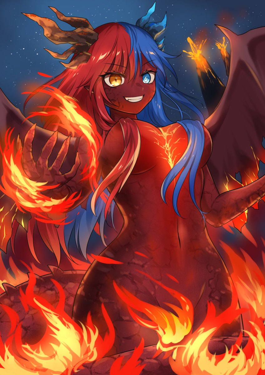 1girls absurdres areola_slip areolae bangs bare_arms bare_back bare_legs bare_shoulders blue_eyes blue_hair blue_horns bottomless breasts bright_pupils censored claws cleavage colored_skin completely_nude crotch dark_areolae dragon_girl dragon_horns eyebrows_visible_through_hair female fire gradient_horns hair_between_eyes hair_over_breasts heterochromia highres horns inferna_dragnis large_breasts long_hair looking_at_viewer magic monster_girl multicolored_hair multicolored_horns navel night night_sky nude oerba_yun_fang original pointy_ears red_hair red_horns red_skin scales scalie_humanoid shaved_pussy sky smile solo split-color_hair symbol-shaped_pupils tail topless transformation two-tone_hair usagi1923 very_long_hair volcano white_pupils wings