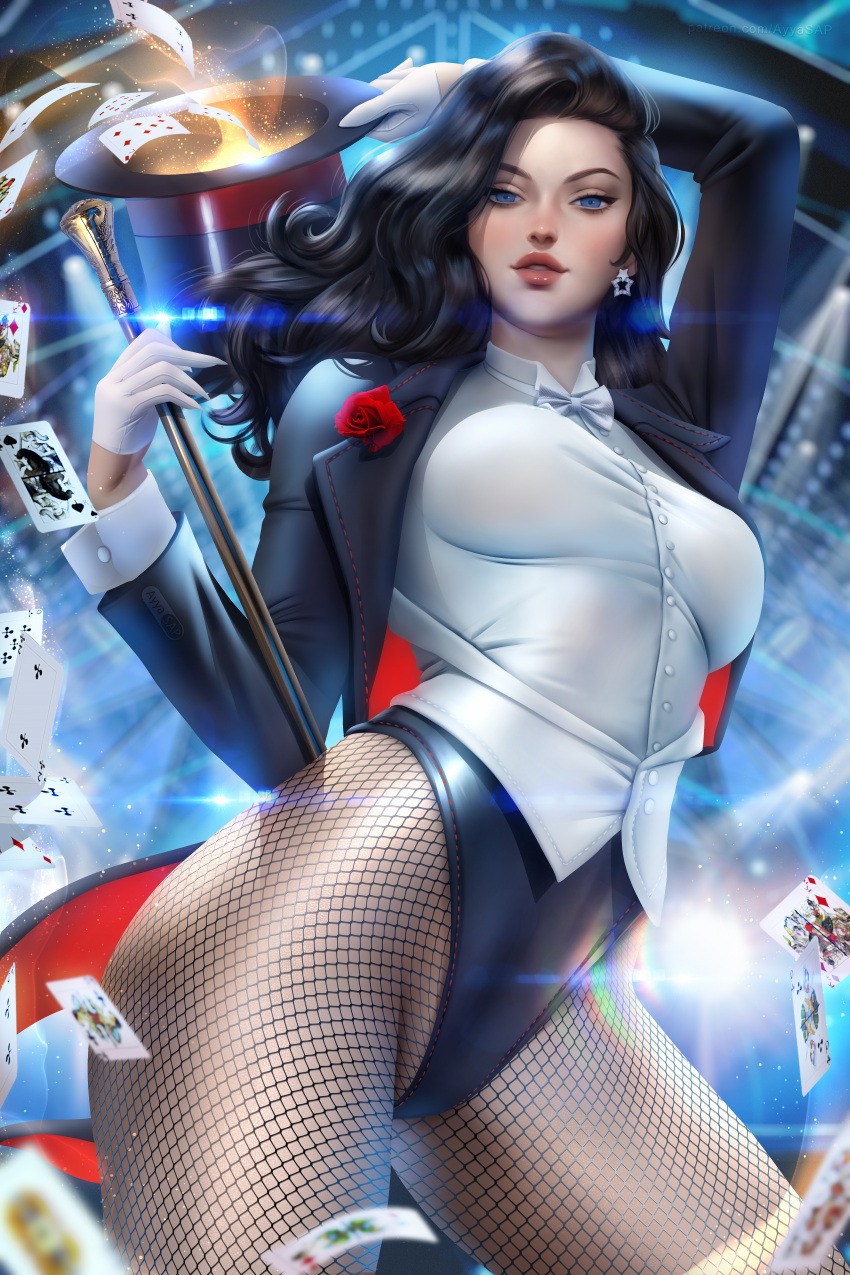 1girls absurd_res absurdres ayyasap black_clothing black_hair black_hat black_jacket black_shorts black_suit black_top_hat blue_eyes bowtie breasts cards clothed clothed_female clothing cowboy_shot dc dc_comics earring earrings female female_focus female_only fishnet_pantyhose fit fit_female gloves high_resolution highres hips holding_hat large_breasts large_filesize light-skinned_female light_skin long_hair looking_at_viewer magic magic_hat magic_user magic_wand magical_girl magician pantyhose playing_card poker_cards shirt shorts slim_girl slim_waist smile solo solo_female solo_focus star_earrings straight_hair suit suit_jacket thick_thighs thighs tie toned toned_body toned_female top_hat very_high_resolution vest wand white_bowtie white_clothes white_clothing white_gloves white_shirt white_tie white_vest zatanna zatanna_zatara