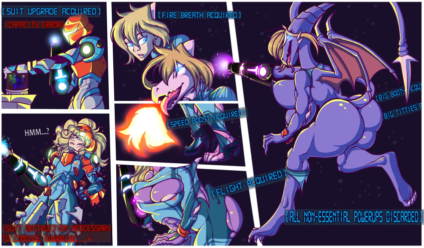 2022 anthro ass blonde_hair blue_eyes breast_expansion breasts butt_expansion comic creamyowl english_text expansion female glowing glowing_eyes growth hair hi_res human human_to_anthro machine mammal membrane_(anatomy) membranous_wings metroid nintendo power_armor purple_body ridleymorph samus_aran simple_background smile solo species_transformation surprise tail_growth text transformation video_games wing_growth wings