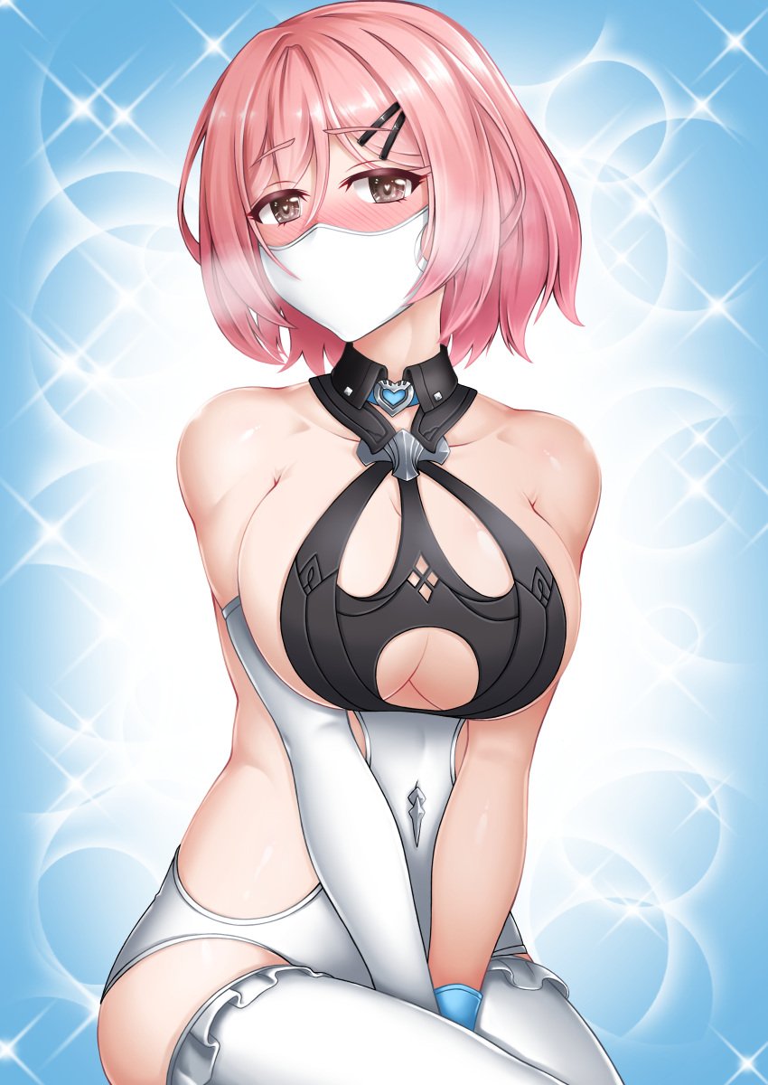 1girls blush eyebrows_visible_through_hair female female_only heart-shaped_pupils honkai_(series) honkai_impact_3rd large_breasts light-skinned_female light_skin mask nose_blush pink_hair shy solo symbol-shaped_pupils timido_cute ぐんそー@vtuber兼絵描き