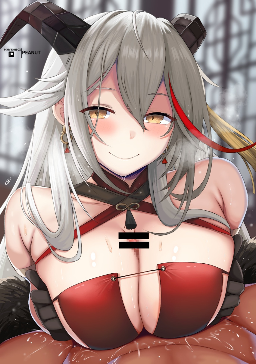 1boy 1girls aegir_(azur_lane) aegir_(golden_dragon_among_auspicious_clouds)_(azur_lane) alternate_costume azur_lane bar_censor black_gloves blush breasts censored cleavage clothed_female_nude_male dark-skinned_male dark_skin earrings eyebrows_visible_through_hair female gloves grey_hair horns indoors iron_blood_(azur_lane) light-skinned_female light_skin male_pov mosaic_censoring official_alternate_costume paizuri peanut_(shokan) penis pov red_hair sweat titjob two_tone_hair yellow_eyes