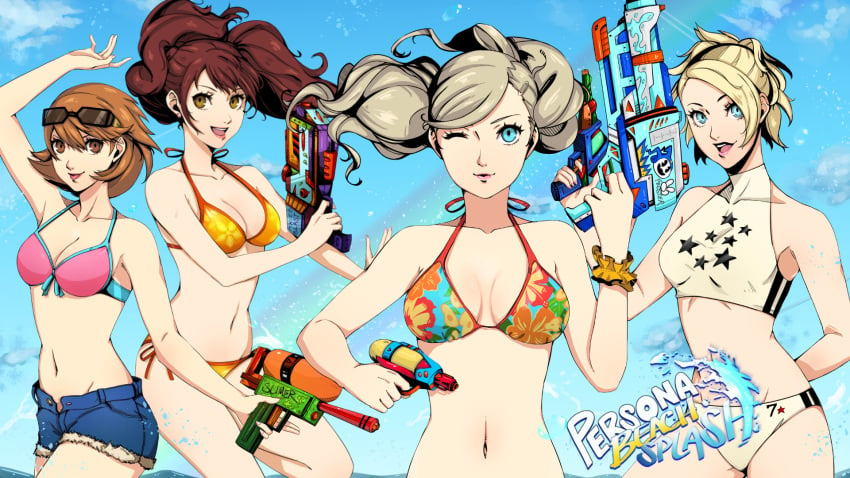 4girls ann_takamaki bikini clothing eightyfourart female female_only human kujikawa_rise lisa_silverman lovers_arcana midriff multiple_girls pale_skin persona persona_2 persona_3 persona_4 persona_5 swimsuit swimwear water_gun yukari_takeba