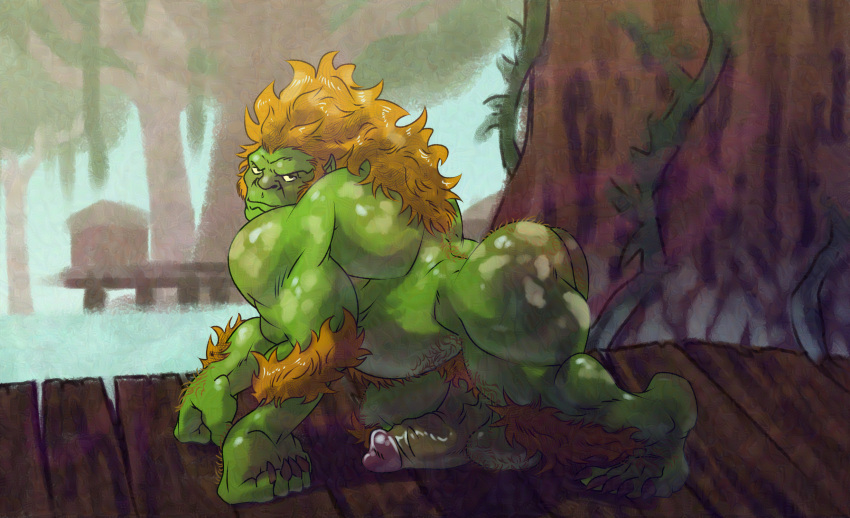 balls blanka boner erection green_body humanoid male male_only masculine muscular mutant nude orange_hair penis solo solo_male street_fighter zeiroslion