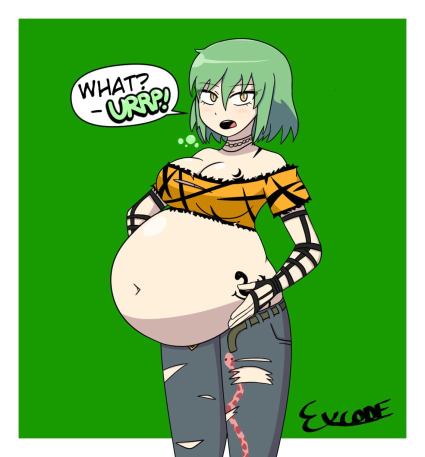 1girls big_belly bloated_belly burping cleavage clothed clothing explodcode female female_only gassy green_hair hikage_(senran_kagura) navel senran_kagura short_hair slit_pupils snake_eyes snake_girl tattoo text yellow_eyes