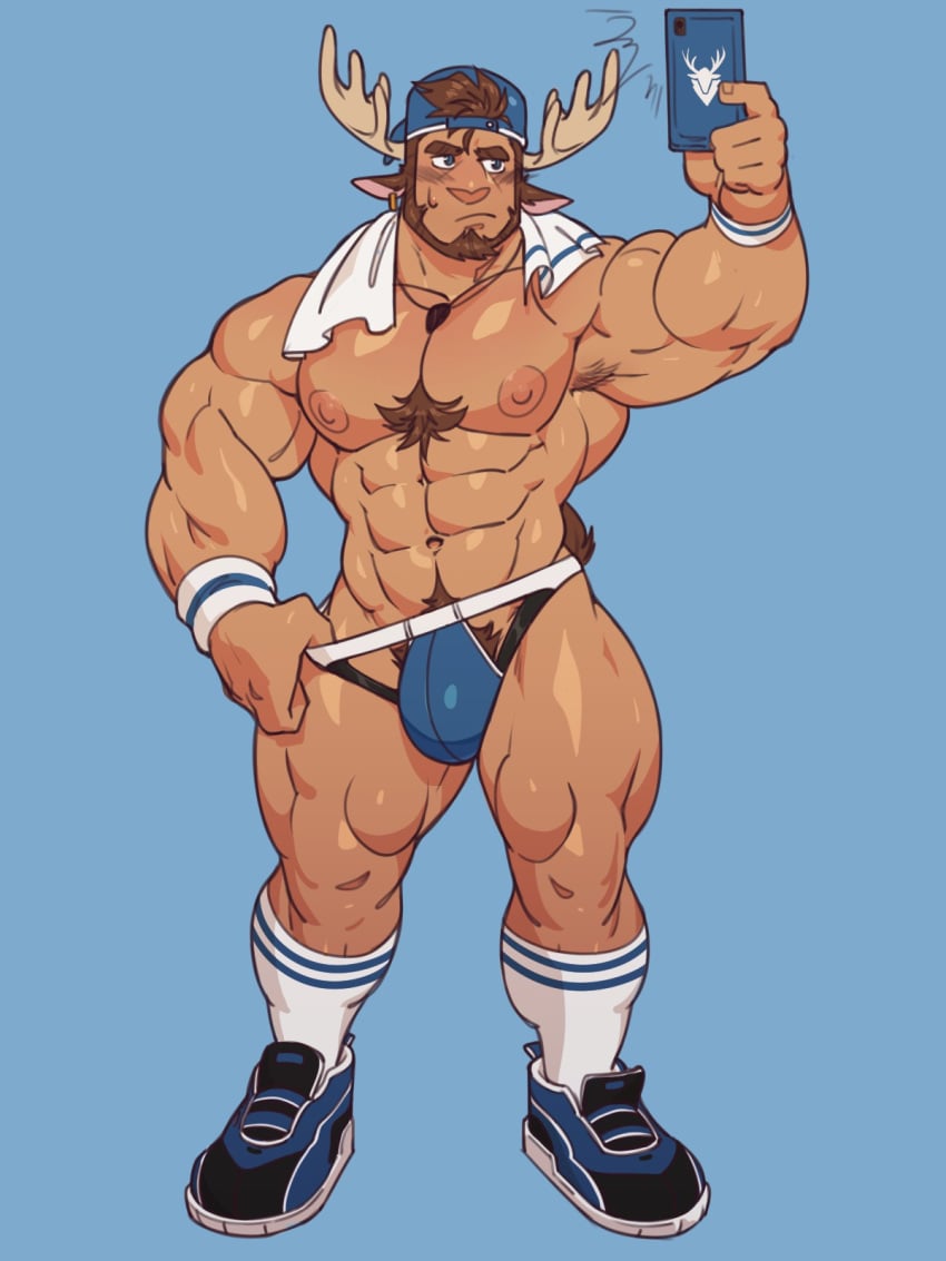 antlers bara beard beastman blush bulge chesschirebacon facial_hair jockstrap male male_only muscles muscular no_visible_genitalia phone ralph_(chesschirebacon) shirtless solo solo_male