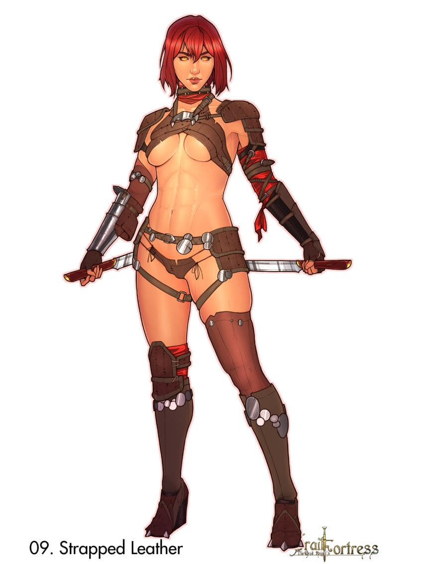 1girls abs belt bikini_armor bracer choker dagger front_view galaad1800 high_heel_boots high_heels leather_armor leather_straps light-skinned_female lipstick medium_breasts page_9 panties red_hair revealing_clothes short_hair simple_background skimpy_armor solo_female standing toned_female unconvincing_armor underboob useless_armor useless_clothing wedge_heels white_background