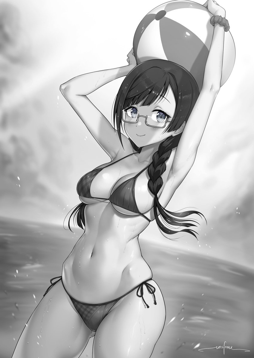 1girls armpits arms_up artist_name ass_visible_through_thighs ball beachball belly belly_button big_breasts bikini black_and_white blush braid breasts cleavage closed_mouth collarbone cowboy_shot eye_contact flower glasses grey_eyes greyscale hair_flower hair_ornament halterneck heart hourglass_figure large_breasts linea_alba long_hair looking_at_viewer love_live! love_live!_nijigasaki_high_school_idol_club micro_bikini midriff monochrome nakagawa_nana navel ocean outdoors pose posing revealing_clothes scrunchie seductive semi-rimless_eyewear side-tie_bikini side-tie_bikini_bottom sideboob signature skindentation smile solo spot_color standing stomach string_bikini swept_bangs swimsuit twin_braids under-rim_eyewear underboob unsfrau water wide_eyed wide_hips wrist_scrunchie yuuki_setsuna_(love_live!)