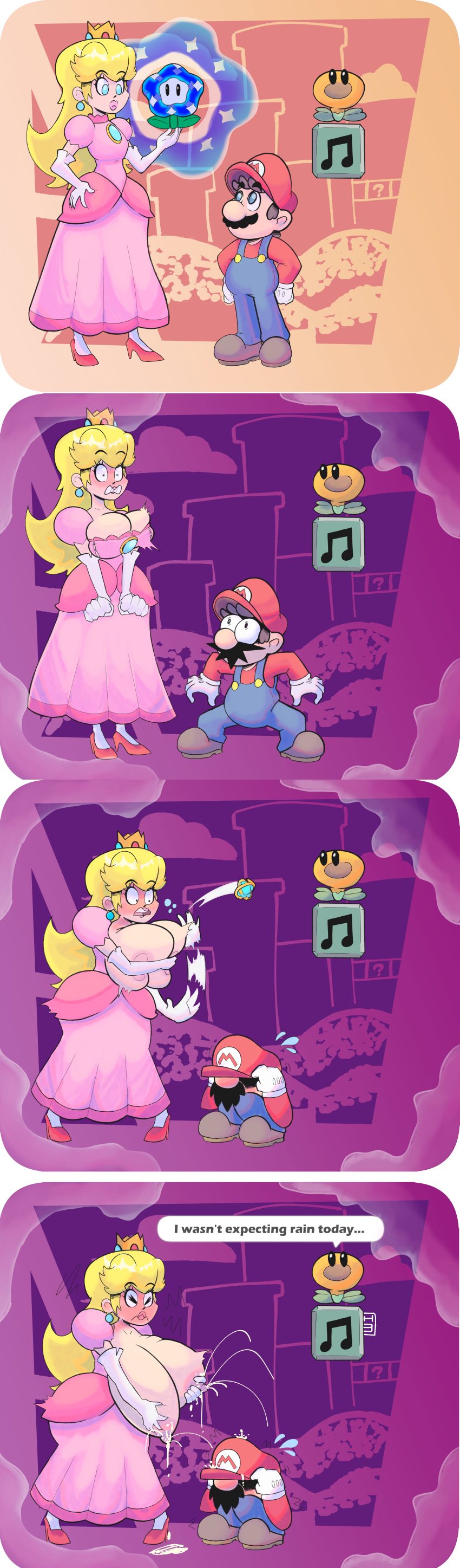 1boy1girl breast_expansion indigo_midnight lactation mario mario_(series) milk_squirt princess_peach super_mario_bros._wonder talking_flower_(super_mario_bros._wonder) text text_bubble wardrobe_malfunction