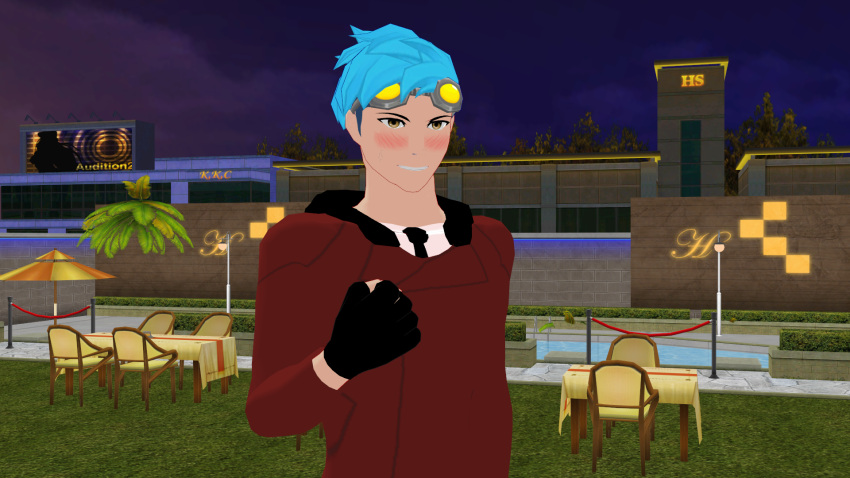 1boy blue_hair blush clothed_male faceless_female goggles goggles_on_head neptune_vasilias rwby theblackbirdcalls