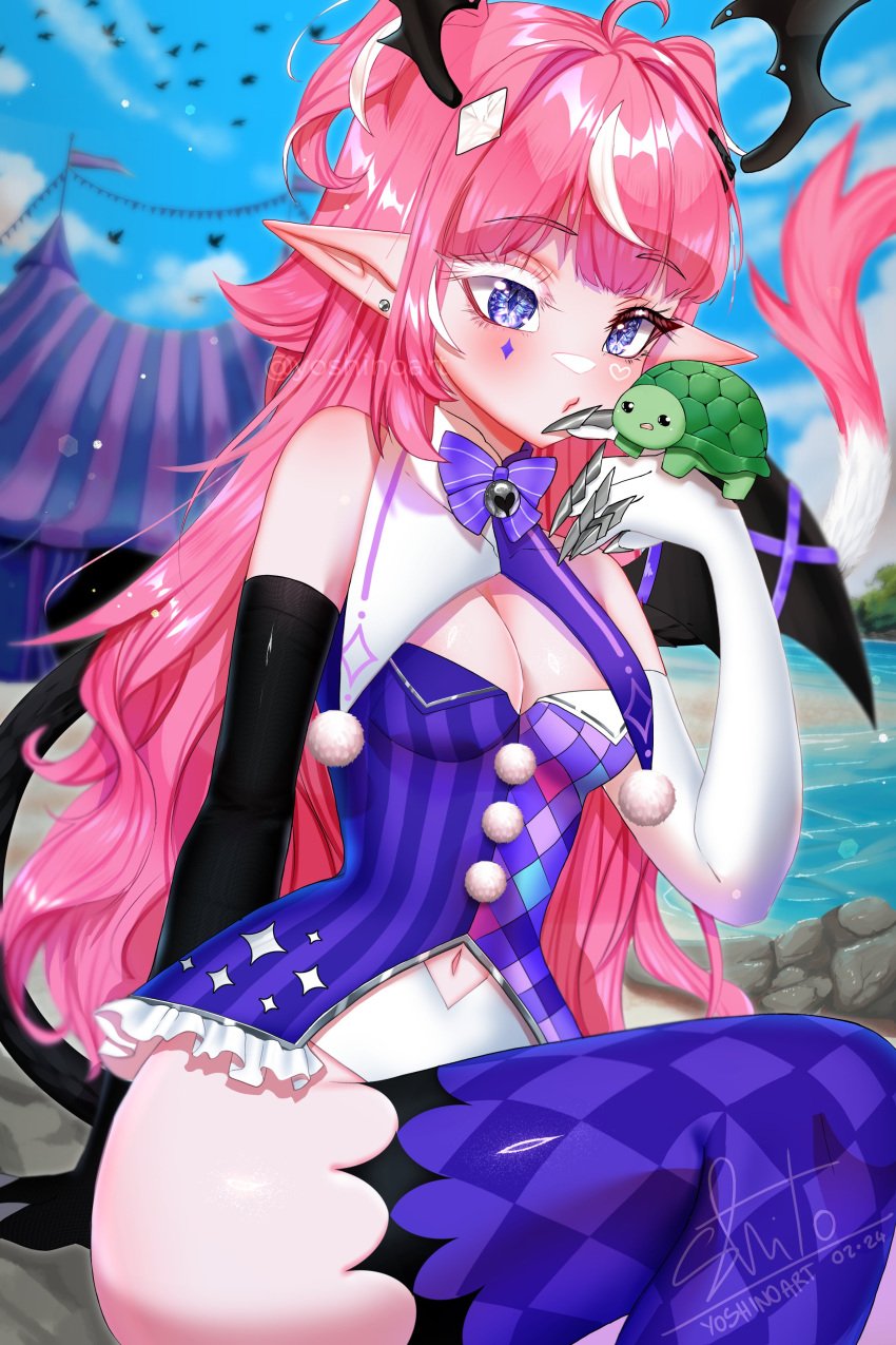 ahoge bangs black_gloves blue_eyes blush bow breasts camila_(vtuber) cleavage cleavage_cutout clothing_cutout dragon elbow_gloves female gloves horns jewelry long_hair medium_breasts multicolored_hair navel pink_hair pointy_ears purple_eyes sitting solo succubus tail thighhighs vedal987 virtual_youtuber