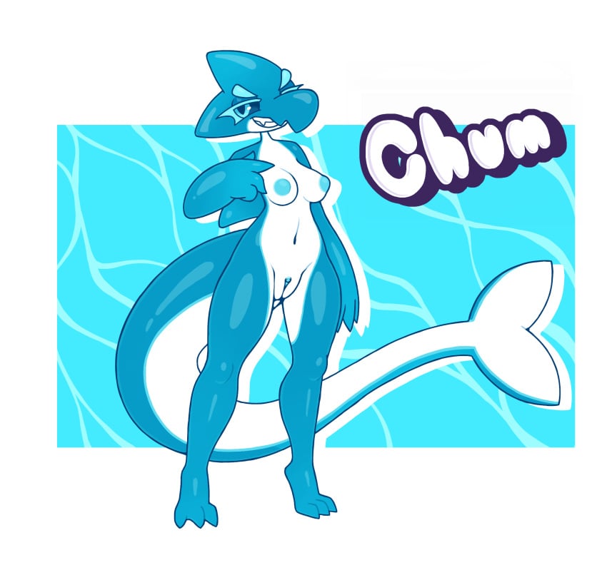 2024 anthro blue_nipples breasts chum_(screwroot) digital_media_(artwork) eyelashes fangs female fin fish genitals gummy_creature gummy_shark hi_res marine nipples pussy screwroot shark smile solo tail teeth text water