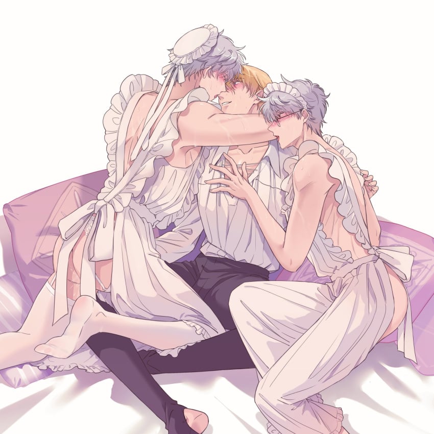 3boys alternate_costume apron arms_around_neck blonde_hair blush butt_crack clone clothed clothing crossdressing feige's_violent_words frills garter_belt garter_straps gay gintama gintoki_sakata glasses kintoki_sakata maid maid_headdress maid_uniform male male_only mmm_threesome sitting stockings sweat thighhighs threesome white_hair white_legwear white_thighhighs yaoi