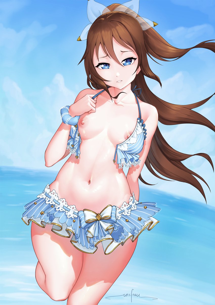 1girls beach blue_eyes blue_swimsuit brown_hair hair_in_wind hand_on_breast love_live! love_live!_nijigasaki_high_school_idol_club medium_breasts nipples ousaka_shizuku seaside shy solo_female swimsuit tagme thick_thighs unsfrau