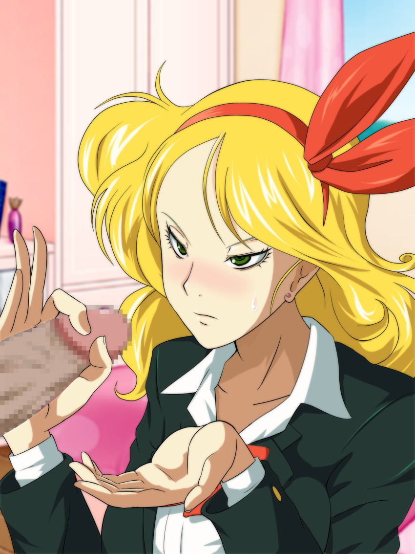 1boy 1girls bad_launch black_suit blonde_hair blush censored closed_mouth dragon_ball dragon_ball_(classic) green_eyes hair_ribbon hand hand_out handjob launch long_hair mosaic_censoring penis poppenhaimu poppenheim suit two-finger_handjob yellow_hair