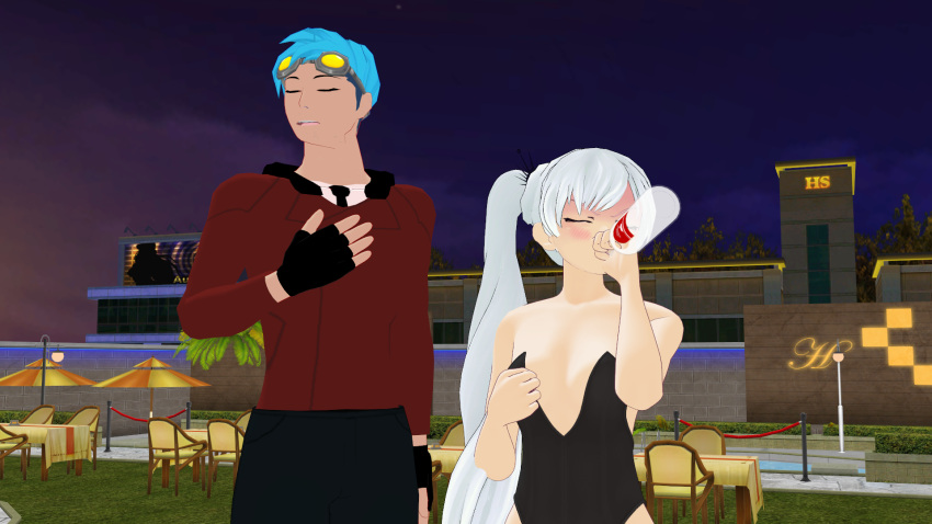 1boy 1girls blue_hair clothed_male drinking neptune_vasilias rwby swimsuit taking_clothes_off theblackbirdcalls weiss_schnee white_hair white_hair_female