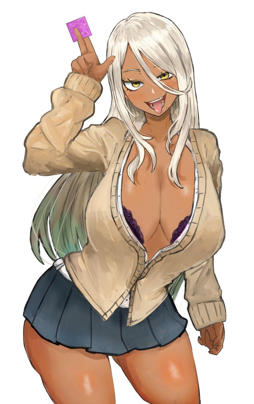 1girls adeshi_(adeshi0693119) big_breasts cleavage condom female fully_clothed gyaru hi_res large_breasts long_hair miniskirt solo tan tan_body tan_skin white_hair