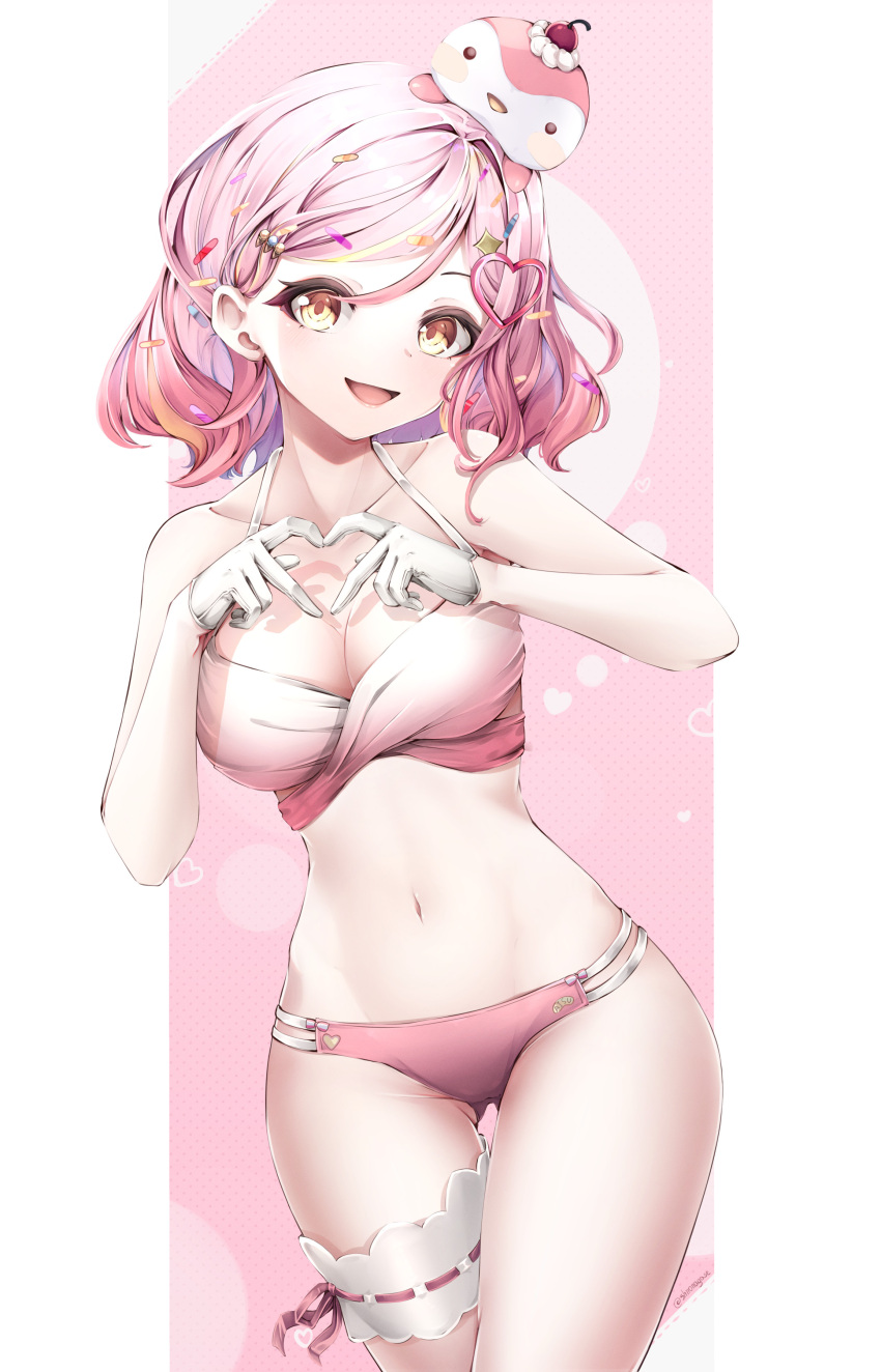 1girls aisu_kurimu bra cleavage female female_focus female_only front_view gloves highres ice_cream_girl latam_virtual_youtuber light-skinned_female light_skin looking_at_viewer multicolored_hair pink_hair shironagase short_hair smiling smiling_at_viewer solo standing thong virtual_youtuber vtuber yellow_eyes yume_girls!