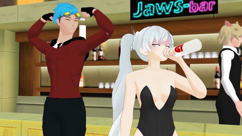 1boy 1girls blue_hair clothed_female clothed_male drinking faunus flexing flexing_bicep neptune_vasilias rwby theblackbirdcalls weiss_schnee white_hair white_hair_female