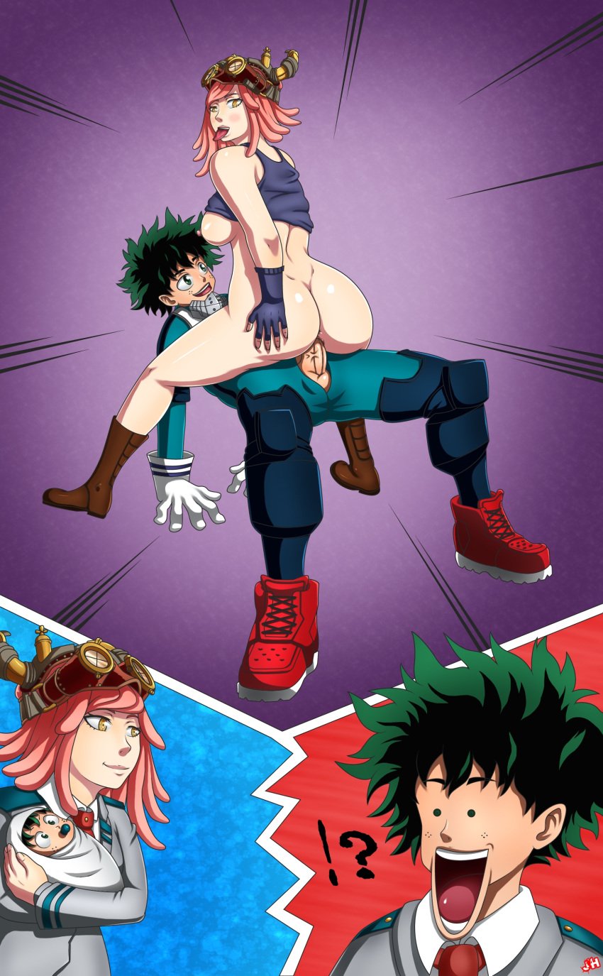 !? 1boy 1boy1girl 1girls artist_request big_breasts breasts cowgirl_position dreadlocks female female_penetrated green_eyes green_hair hatsume_mei izuku_midoriya izuku_midoriya_(hero_outfit) looking_at_viewer male male_penetrating male_penetrating_female mei_hatsume midoriya_izuku midoriya_izuku_(hero_outfit) my_hero_academia pink_hair son tongue tongue_out vaginal_insertion vaginal_penetration yellow_eyes