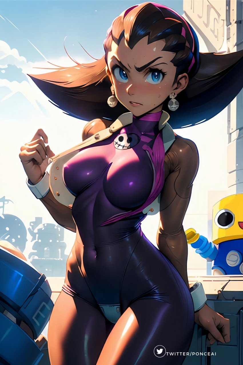 ai_generated angry_face background blue_eyes brown_hair capcom high_resolution highres jacket_open mega_man mega_man_legends metal_plates nintendo nipple_bulge ponceai poncedart purple_body purple_suit robot_girl robot_humanoid shocked_expression skull_earrings tron_bonne twitter_username