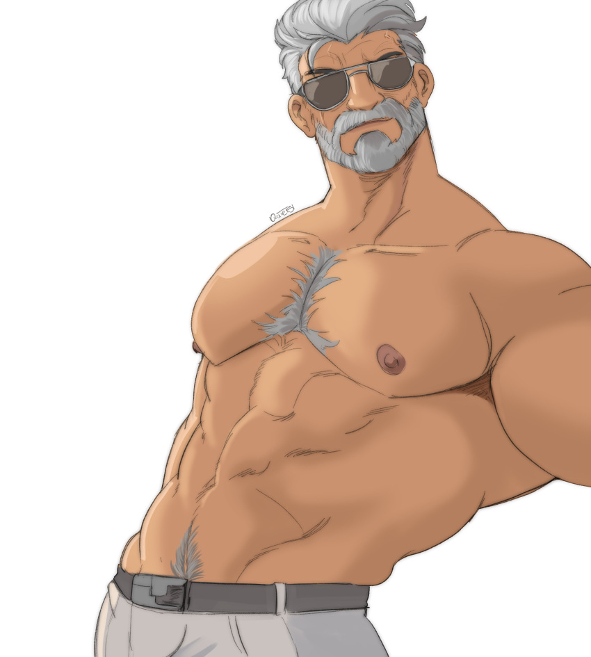 bandai_namco bara beard facial_hair grey_hair male male_focus male_only muscles muscular pants quietscrappy shirtless solo solo_male sunglasses tekken tekken_8 victor_chevalier