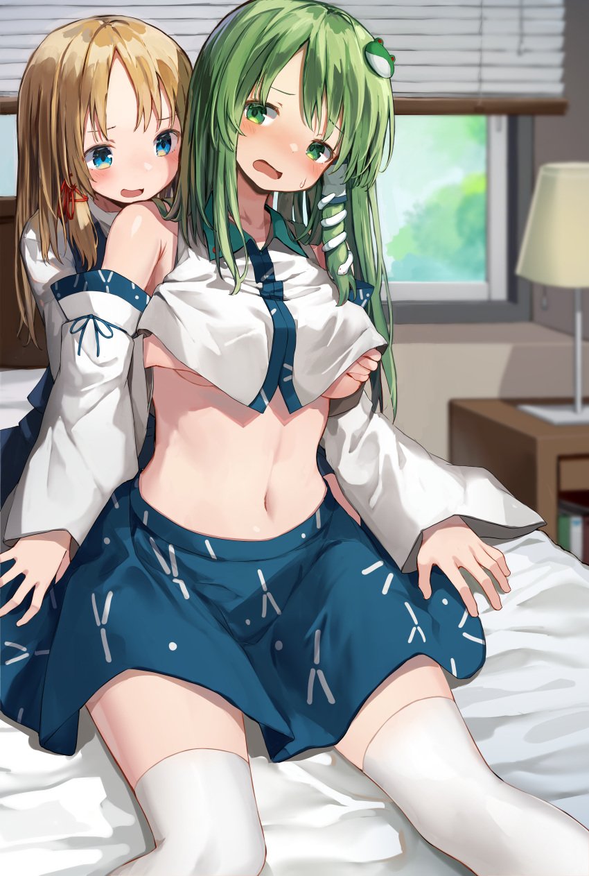 2girls absurdres bare_shoulders blonde_hair blue_skirt clothes_lift collared_shirt commentary_request detached_sleeves frog_hair_ornament grabbing grabbing_another's_breast green_hair groping hair_ornament hand_under_clothes highres huge_filesize incest japanese_clothes kochiya_sanae lifting_another's_clothes mamemochi midriff miko miniskirt moriya_suwako multiple_girls navel no_bra nontraditional_miko on_bed parted_bangs sanae_kochiya shirt shirt_lift sitting skirt sleeveless sleeveless_shirt snake_hair_ornament suwako_moriya thighhighs touhou white_legwear white_shirt white_sleeves wide_sleeves window_blinds yuri