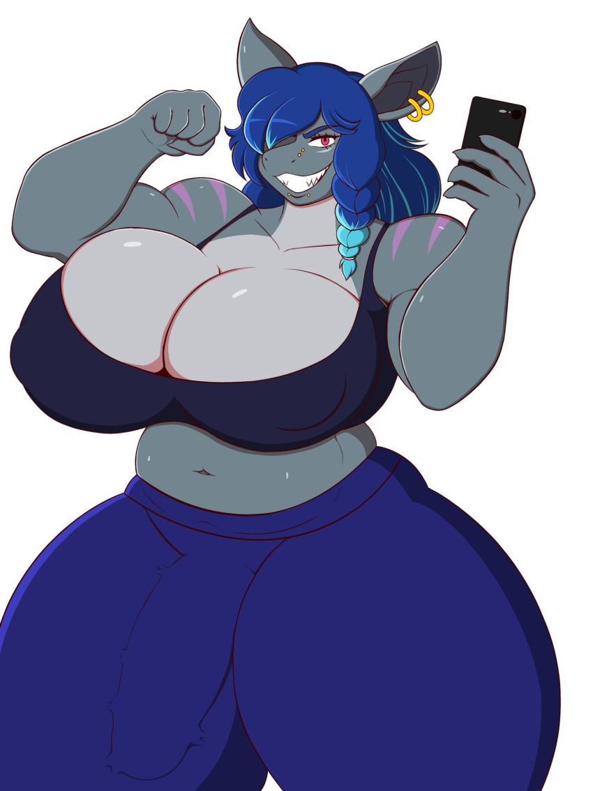 anthro big_breasts blue_hair bulge ear_piercing flexing frankie_(jendashark) futa_only futanari mythos_(artist) phone shark shark_tail thick_thighs wide_hips