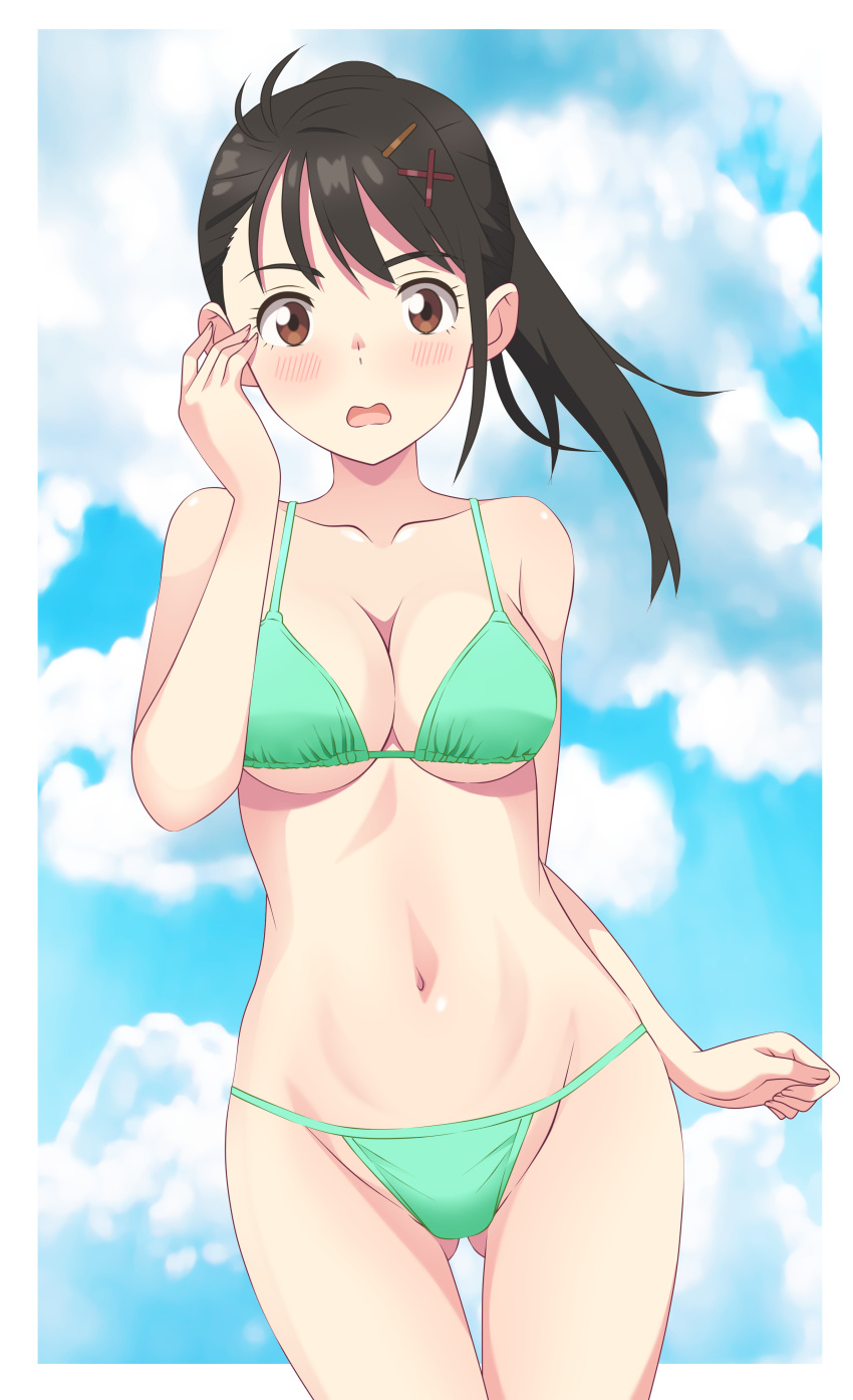 1girls alternate_version_available belly bikini blush brown_eyes brown_hair cleavage clouds collarbone embarrassed female female_only hi_res hips kiniro_tofu light-skinned_female light_skin long_hair looking_at_viewer navel open_mouth outside sky solo solo_female suzume_(suzume_no_tojimari) suzume_no_tojimari swimwear thick_thighs thighs tied_hair underboob