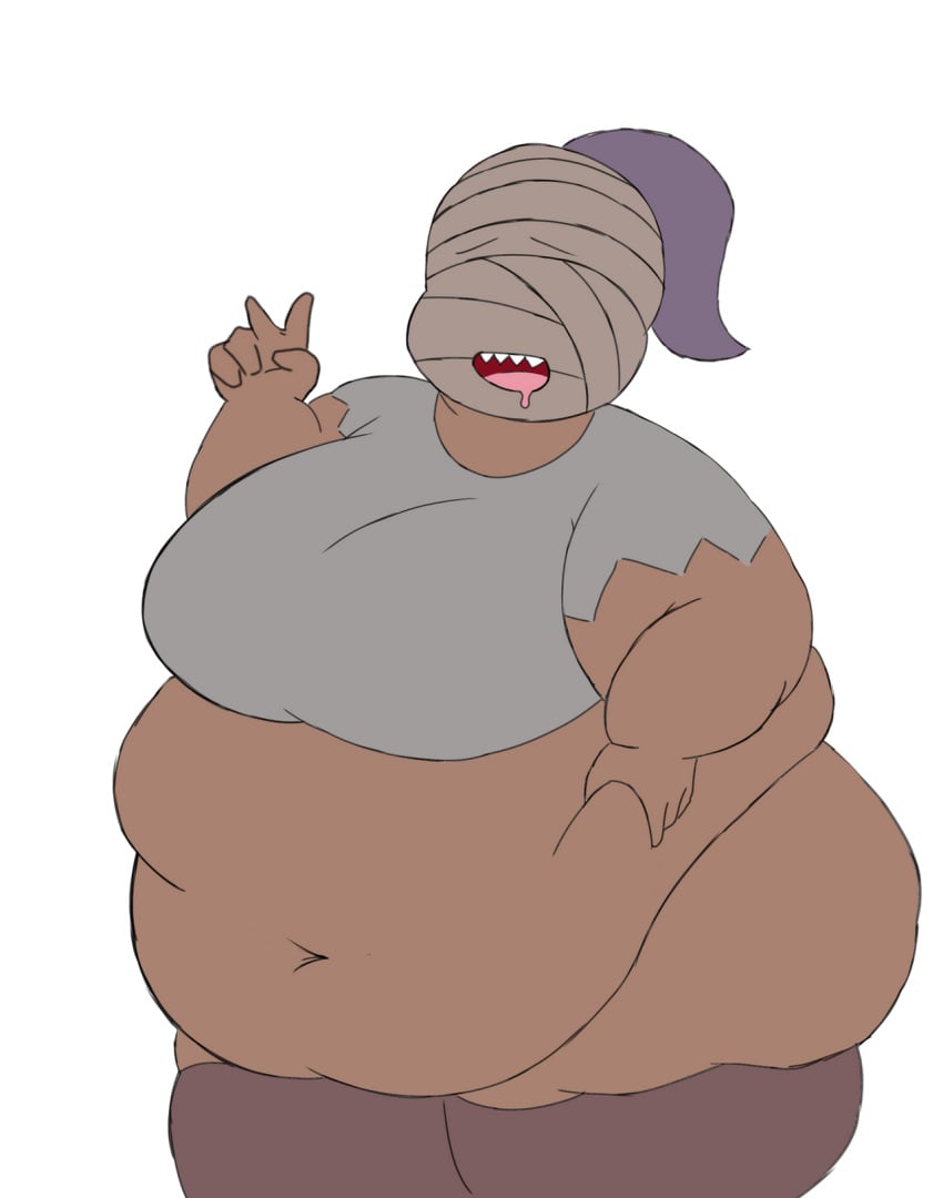 2022 :3 anonymous_artist bandaged_face bbw belly_grab big_belly chubby commission drolling embarrassed fat_fetish huge_breasts karamari_hospital looking_at_viewer monster_4 monster_girl morbidly_obese nightmare_waifu no_background no_eyes_visible no_panties_visible request rule_63 semi_clothed sharp_teeth shirt silly spooky's_house_of_jump_scares spooky's_jump_scare_mansion standing stockings