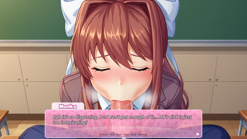 1boy 1girls accurate_art_style ai_generated blowjob dialogue doki_doki_literature_club english_text fellatio game_cg mc_(doki_doki_literature_club!) monika_(doki_doki_literature_club) official_style parody penis pov saliva satchely_(style) straight sucking_penis text_box uncensored vacuum_fellatio