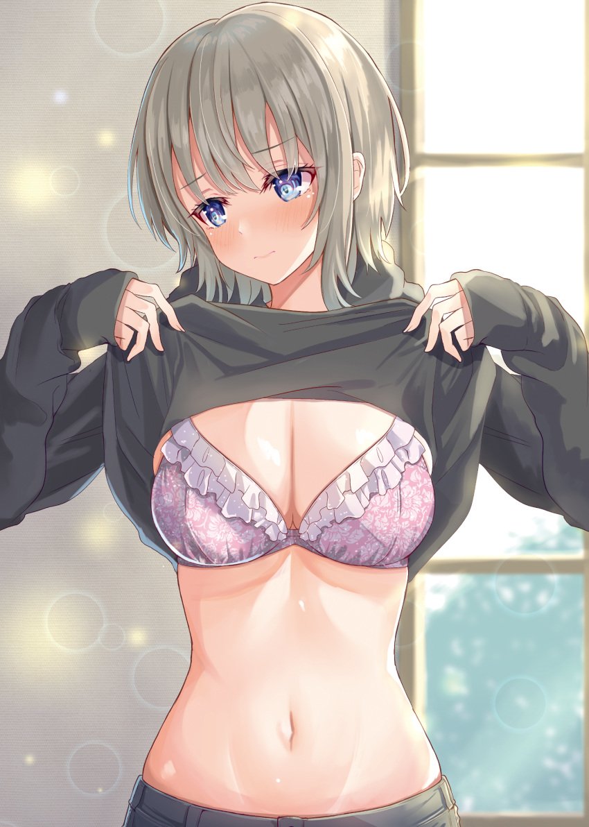 black_sweater blonde_hair blue_eyes blush bra breasts cleavage clothes_lift embarrassed female female frilled_bra frills hayashi_takeo highres hood hoodie large_breasts lens_flare lifted_by_self navel original pink_bra short_hair stomach sweater sweater_lift underwear window