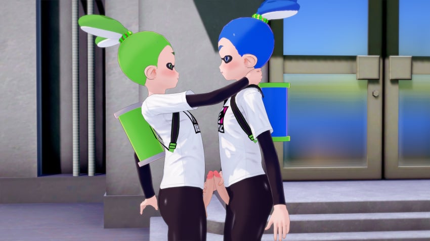 3d animal_humanoid anthro blush cephalopod cephalopod_humanoid clothed frottage frotting gay humanoid inkling inkling_boy john_(splatoon) kghgk male male/male male_only mask_(marking) nintendo pointy_ears pseudo_hair public splatoon splatoon_(series) squid tentacle tentacle_hair yaoi