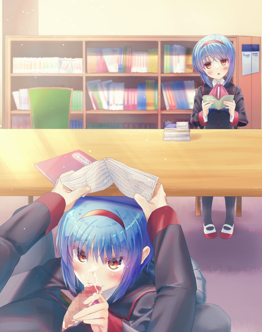 1boy 2girls absurdres black_jacket black_socks blue_hair blush book bookshelf bow censored commentary_request commission covering_head crossed_bangs cum cum_on_penis eyes_visible_through_hair facial fellatio hair_between_eyes hairband highres holding holding_book indoors jacket little_busters! little_busters!_school_uniform long_sleeves looking_at_viewer mary_janes mosaic_censoring multiple_girls natsuoto_rito nishizono_midori nishizono_mio open_book open_mouth oral orange_eyes penis pink_bow pov public_indecency red_hairband school_uniform shoes short_hair sidelighting sitting skeb_commission socks straight sweat upturned_eyes white_footwear