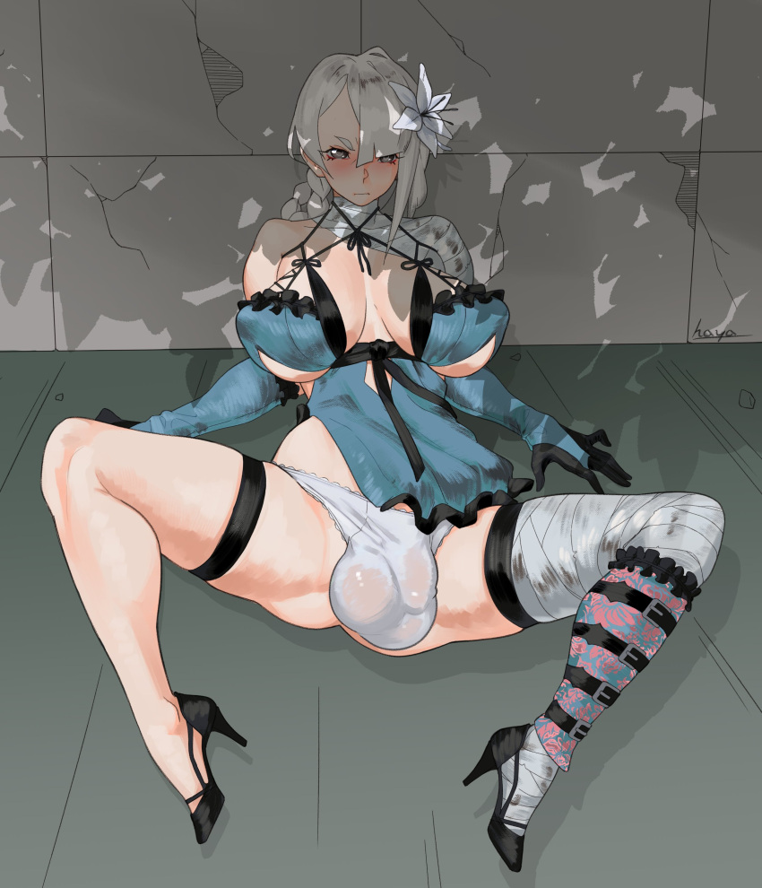 1futa balls balls_in_panties big_balls big_breasts breasts clothed clothing flaccid functionally_nude futa_only futanari hayabusart high_heels human kaine_(nier) legs_apart light-skinned_futanari light_skin mostly_clothed nier nier_replicant on_back penis sitting skindentation smooth_balls solo spread_legs thighhighs white_hair