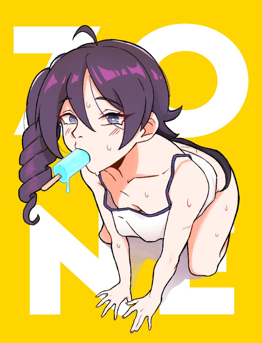 1girls all_fours ass black_panties blue_eyes boobs_and_butt_pose breasts cute drill_hair drill_ponytail eating emo eyelashes eyeshadow female food goth ice_cream long_hair looking_at_viewer nekonbini oral oral_insinuation oral_suggestive pajamas pale-skinned_female panties petite ponytail popsicle purple_hair side_ponytail skinny slim solo sweat tank_top teenager zone-archive zone-tan