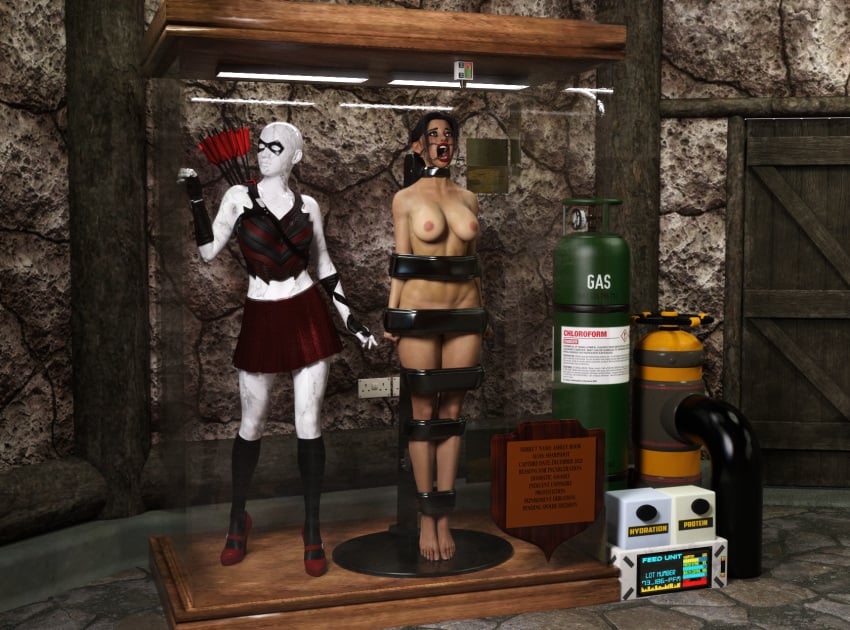 1girls 3d bound bound_arms bound_legs completely_nude completely_nude_female gag gagged mannequin nude nude_female open_mouth open_mouth_gag original original_character samsa23 trophy_case