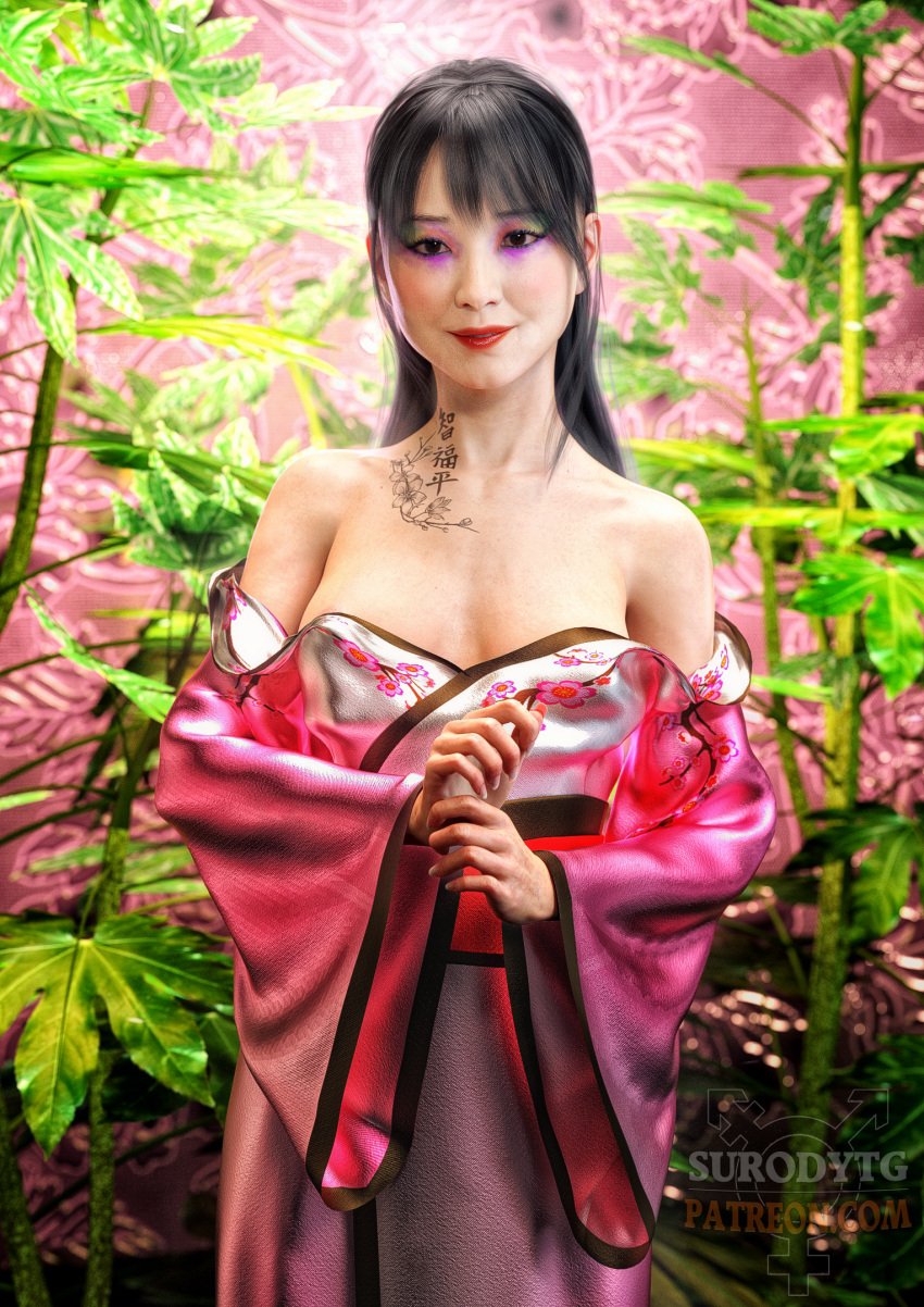 1girls 3d 3d_(artwork) 3d_model asian asian_clothes asian_clothing asian_female black_hair cgi dark_hair female front_view garden japanese japanese_clothes japanese_clothing japanese_garden japanese_girl kimono kimono_down long_hair looking_at_viewer original_character pink_eyeshadow pink_kimono realistic smile smiling smiling_at_viewer standing surody tattoo tattoo_on_neck undressing