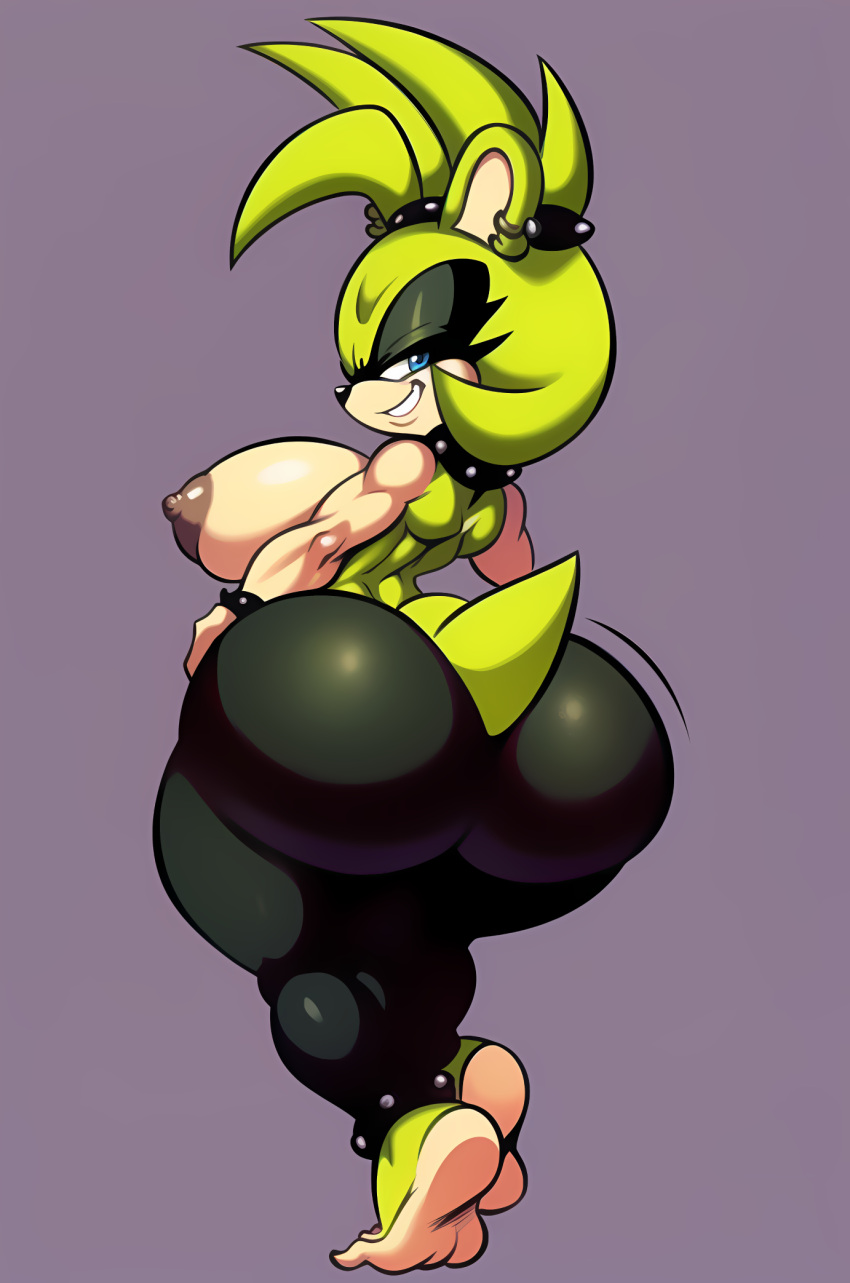 ai_generated anthro black_legwear brown_nipples eyelashes eyeshadow feet furry green_body green_hair grin huge_ass hyper_butt lighter_soles looking_at_viewer looking_back motion_lines piercing piercings shortstack sonic_(series) sonic_the_hedgehog_(series) spiked_anklet spiked_collar surge_the_tenrec tail thick_thighs two_tone_body virtuai white_soles yoga_pants