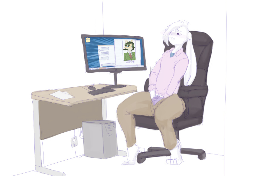 1boy absurd_res blue_skirt blushing brown_pants cressalias feet femboy gritted_teeth hi_res lagomorph leporid mammal masturbation masturbation_through_clothing office_chair one_eye_obstructed pink_sweater precum_through_clothing public_masturbation purple_underwear rabbit