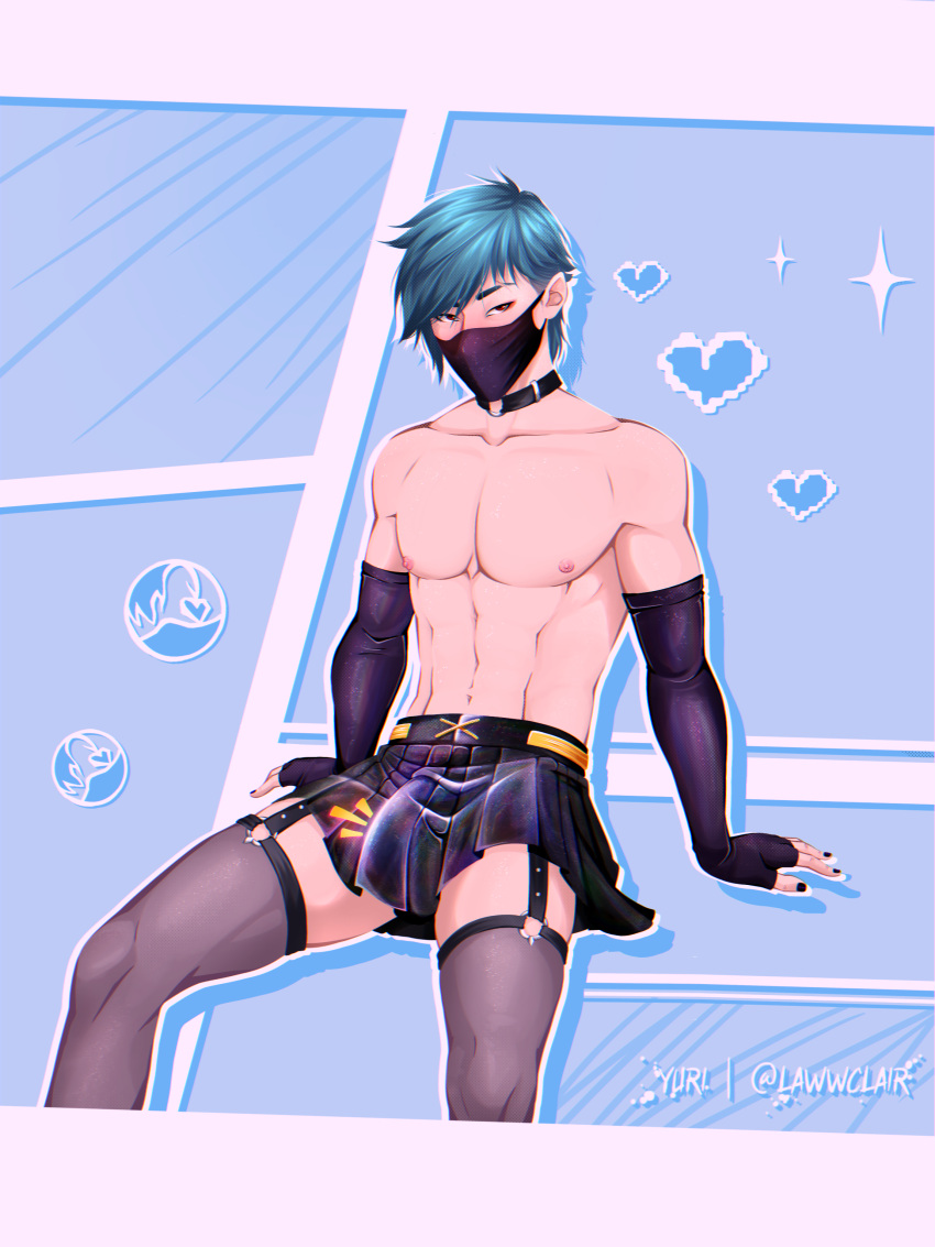 aphelios blush bulge bulge_through_clothing garter_straps gloves heartsteel_aphelios heartsteel_series lawwclair league_of_legends male male_only mask masked masked_male muscular red_eyes shirtless sitting skirt solo solo_male stockings teal_hair