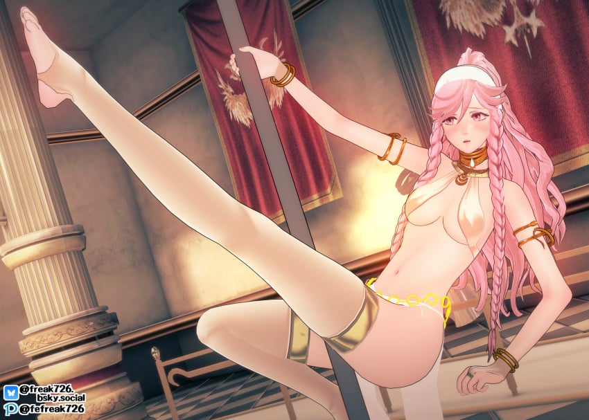 1girls 3d bare_midriff bare_thighs barefoot blush braid breasts bridal_gauntlets dancer dancing embarrassed fefreak726 female female_only fire_emblem fire_emblem_awakening hair_between_eyes indoors leg_up long_hair midriff navel nintendo olivia_(fire_emblem) pelvic_curtain pole pole_dancing ponytail small_breasts solo stripper_pole thighhighs thighs twin_braids very_long_hair