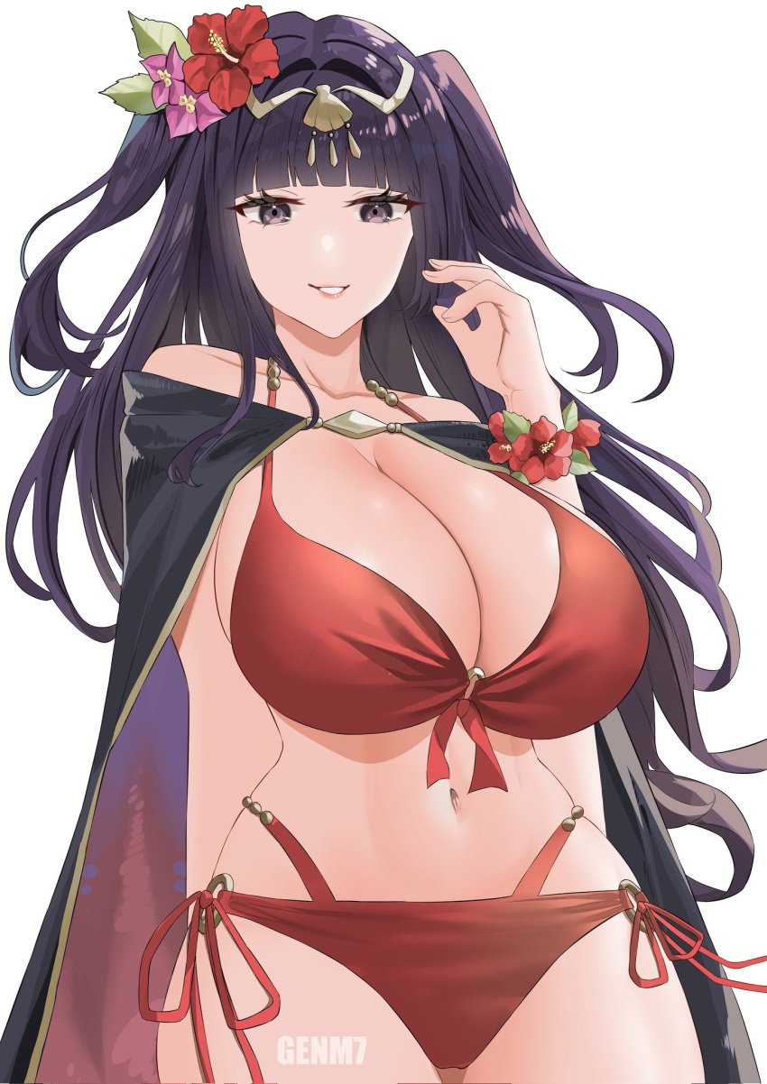 1girls alternate_costume bikini black_hair breasts cleavage coat female fire_emblem fire_emblem_awakening fire_emblem_heroes genm7 highres huge_breasts light-skinned_female light_skin long_hair nintendo official_alternate_costume red_bikini red_swimsuit simple_background swimsuit tharja_(fire_emblem) tharja_(summer)_(fire_emblem) thighs white_background