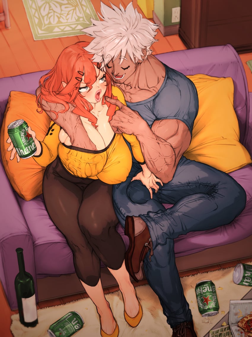 1boy 1girls alcohol beer beer_can blush breast_grab breast_squeeze breasts bulge bulge_grab busty cleavage closed_eyes couch drink drunk female glaring groping heineken hi_res huge_breasts human lips male mamorunokoto muscular muscular_male on_couch original pants pizza red_hair sitting smile straight white_hair wine_bottle