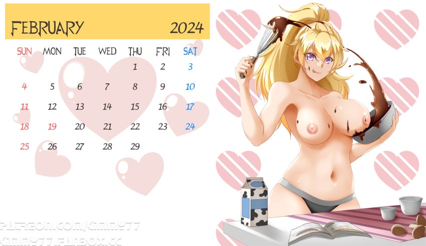 1girls blonde_female blonde_hair breasts calendar_pinup casual cooking february female human kimmy77 long_hair long_hair_female milk pale_skin panties purple_eyes rwby underwear yang_xiao_long