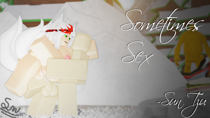 1boy 1girls 3d artist_signature carried green_eyes kitsune looking_at_partner neko nekomimi roblox robloxian self_upload smofle2 snow tagme text vaginal_sex winter