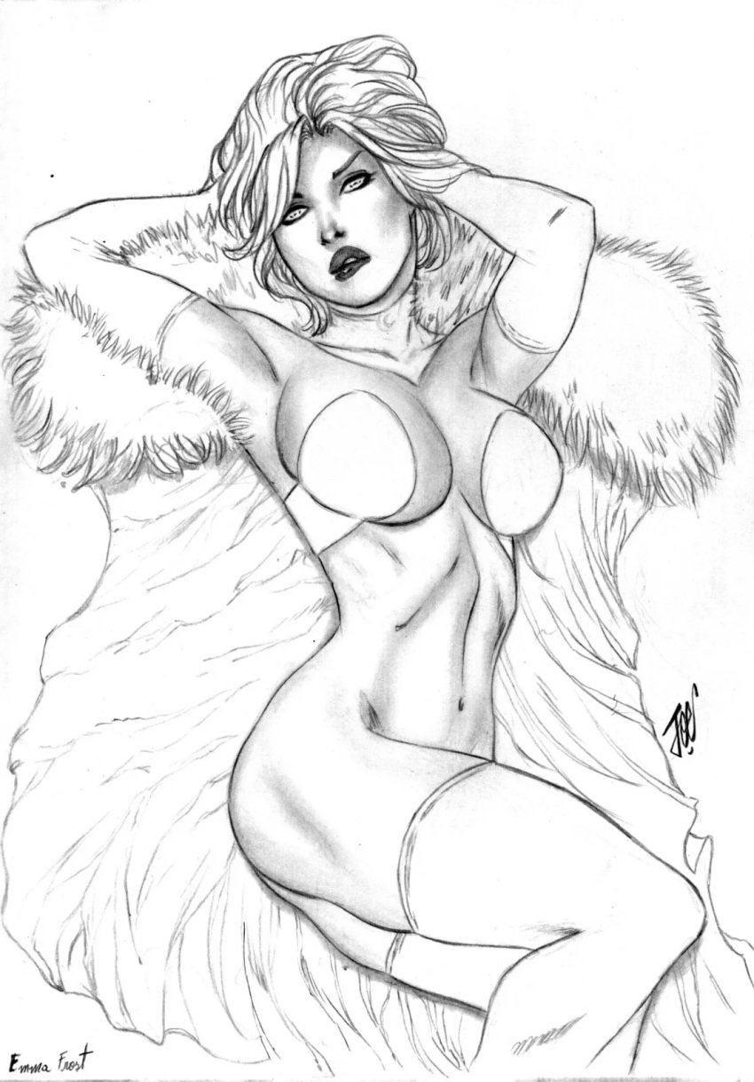 black_and_white bottomless bottomless_female breasts ed_benes_studio emma_frost female joe_lima large_breasts marvel marvel_comics new_x-men no_panties opera_gloves thighhighs white_queen x-men